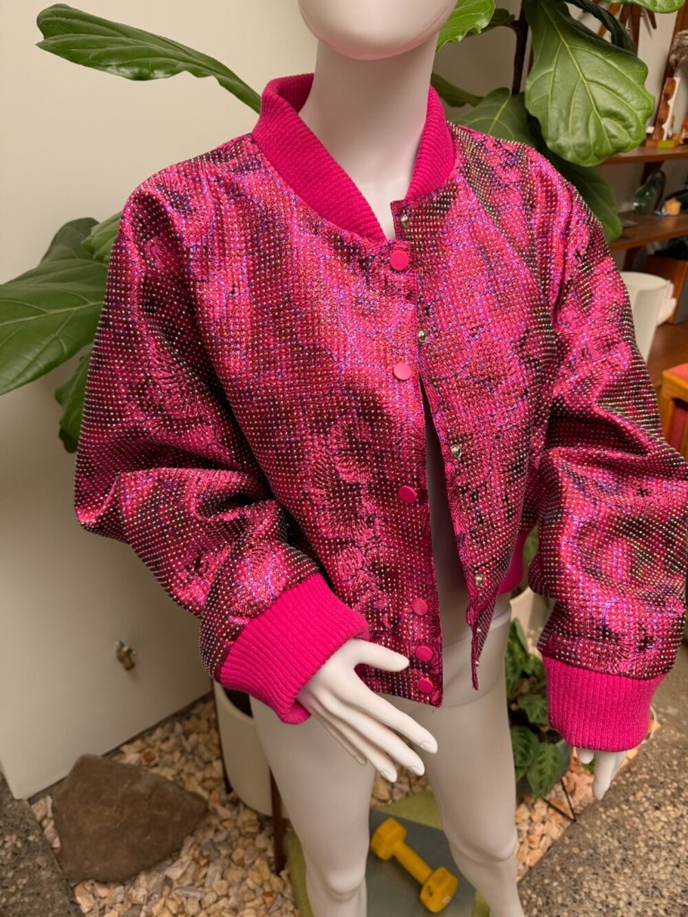 WOW AKIRA Vibrant Pink Fleur Rhinestone Cropped Brocade Bomber Jacket